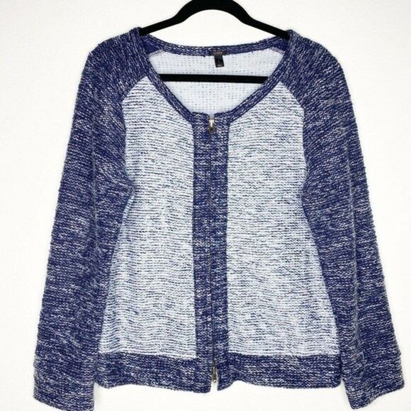 J. CREW BOUCLE SWEATER COLOR BLOCK TWEED ZIP BLUE LARGE FITS LIKE MEDIUM - Picture 1 of 6